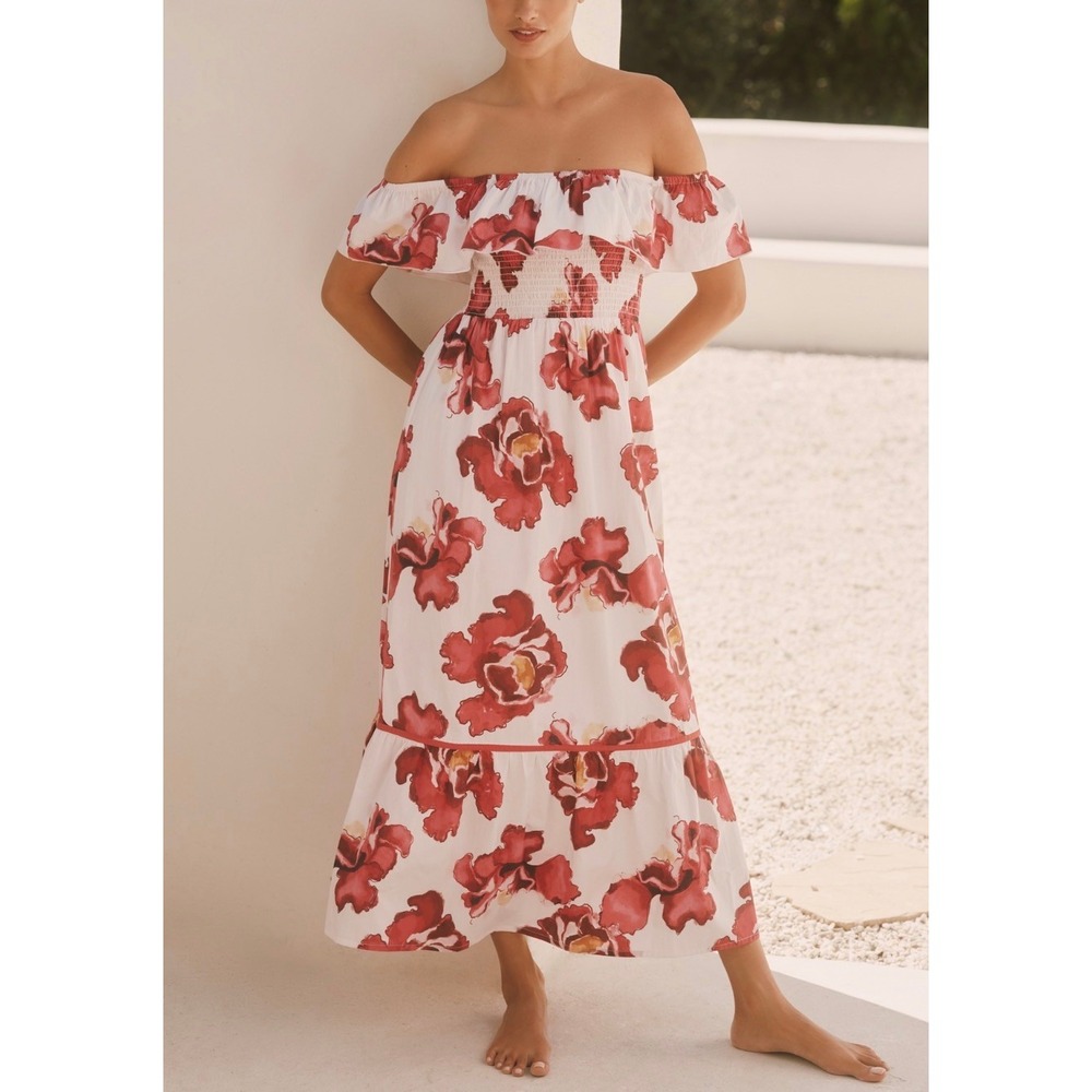Anthropologie Ro's Garden Chelsea Smocked Midi Dress Cotton Off Shoulder‎ Large
